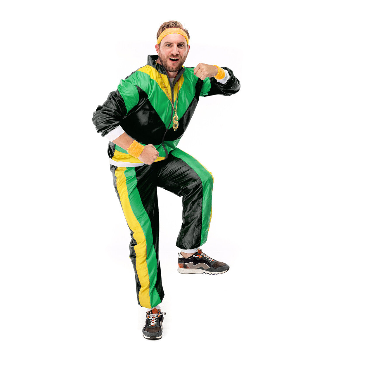 Op deze afbeelding zie je een Kostuums, van het merk Original Replicas. 80s Tracksuit Jamaican Jogger Man Kostuum