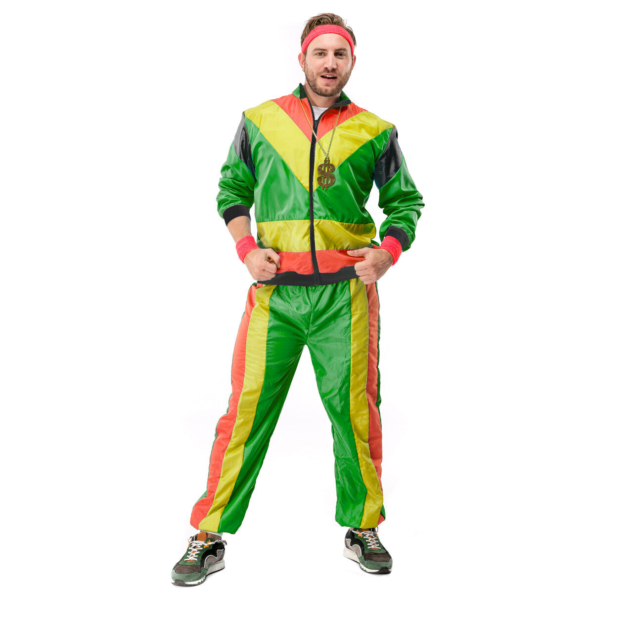 Op deze afbeelding zie je een Kostuums, van het merk Original Replicas. 80s Trainingspak Rasta Carnaval Man Kostuum