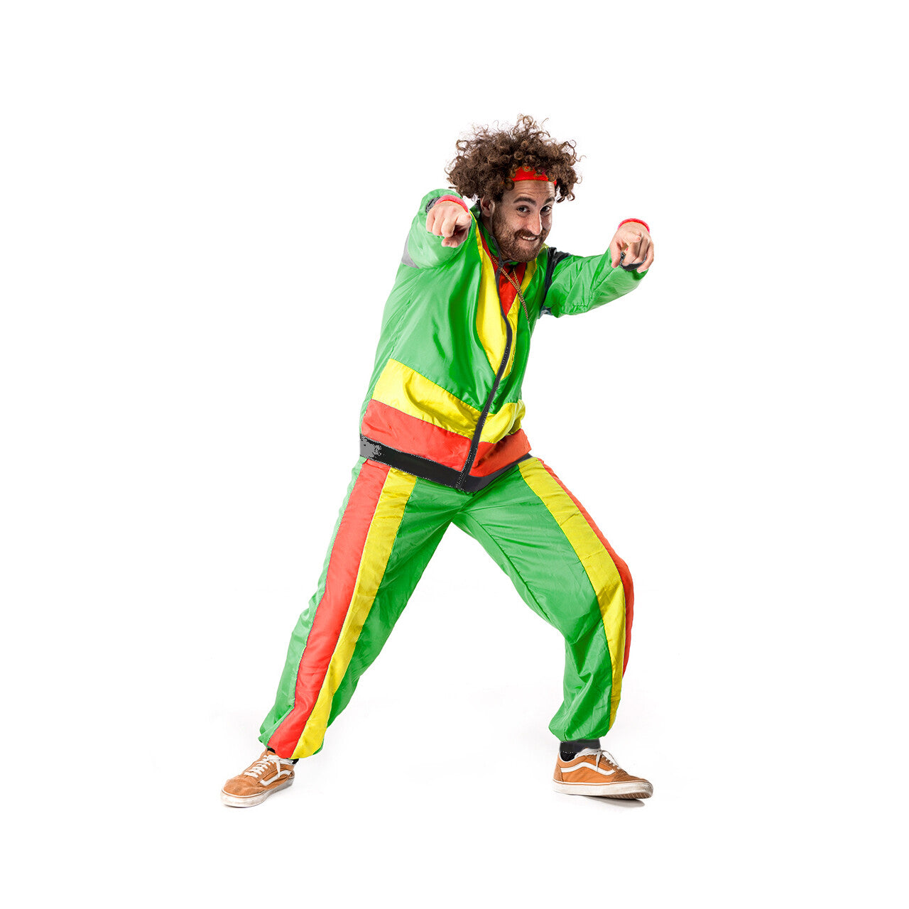 Op deze afbeelding zie je een Kostuums, van het merk Original Replicas. 80s Trainingspak Rasta Carnaval Man Kostuum