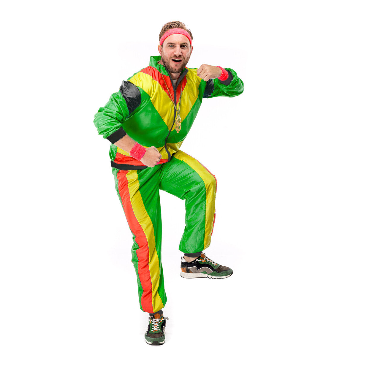 Op deze afbeelding zie je een Kostuums, van het merk Original Replicas. 80s Trainingspak Rasta Carnaval Man Kostuum