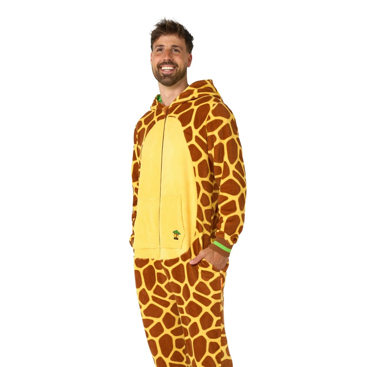 Op deze afbeelding zie je een Kostuums, van het merk Opposuits. Geer De Giraffe Onesie Man Kostuum