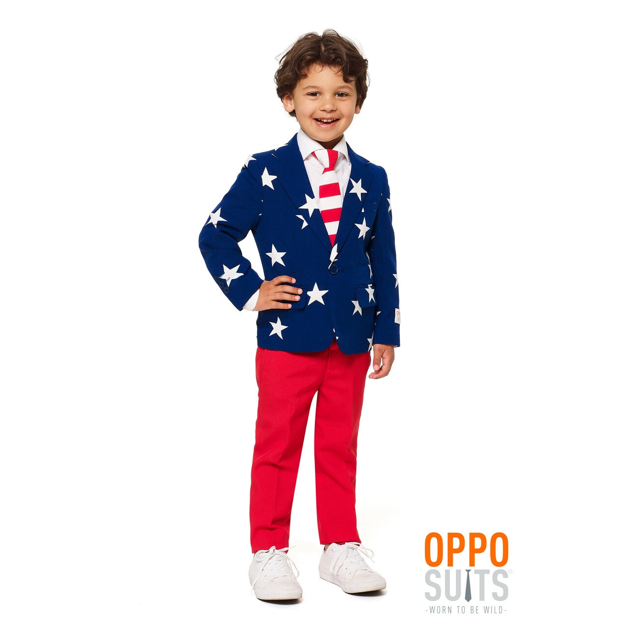 Op deze afbeelding zie je een Kostuums, van het merk Opposuits. Stars & Stripes USA Jongen Kostuum
