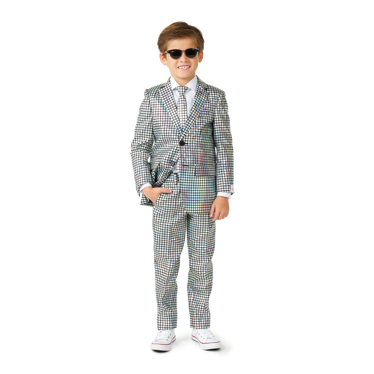Op deze afbeelding zie je een Kostuums, van het merk Opposuits. Boys Psychedelische Discochecker Jongen Kostuum