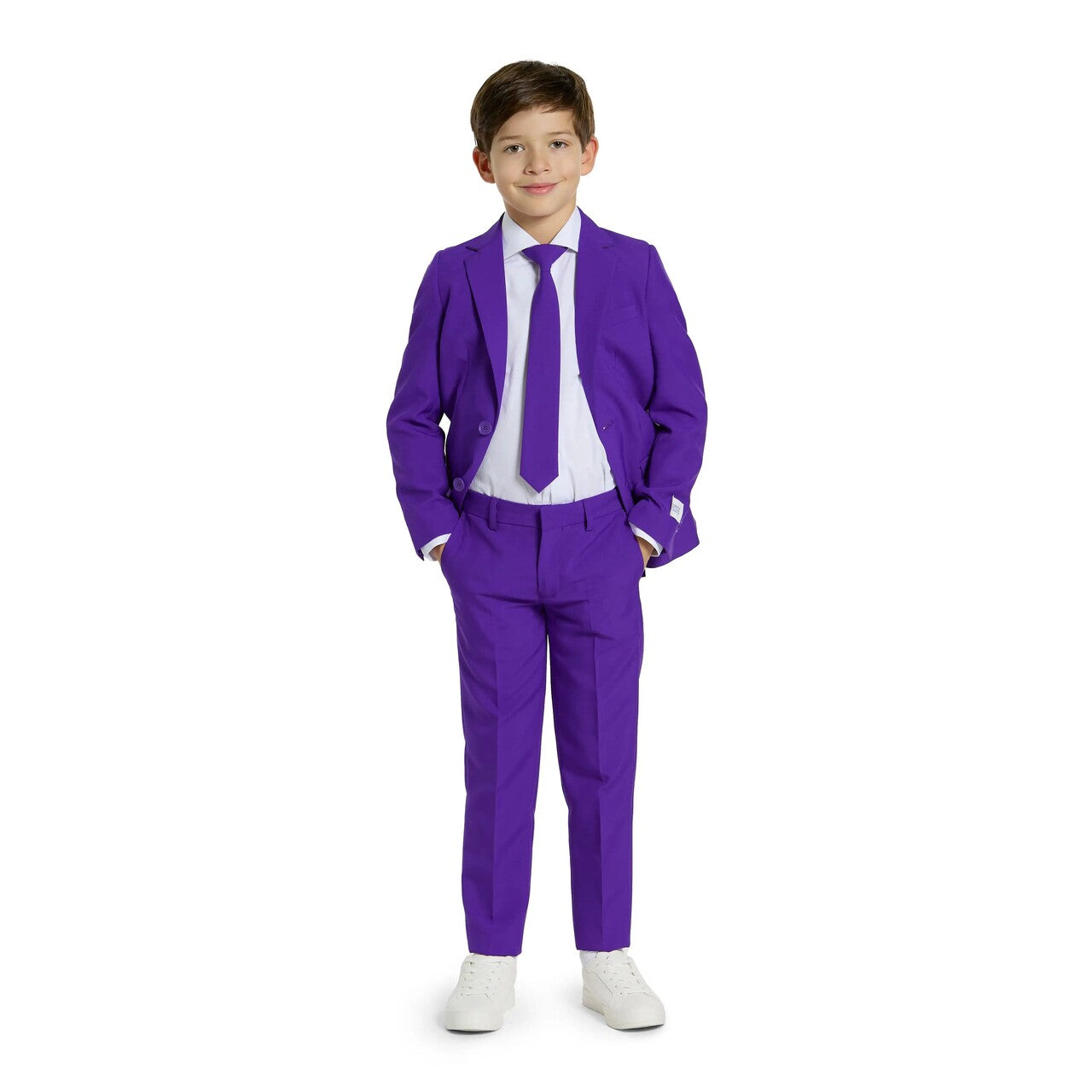 Op deze afbeelding zie je een Kostuums, van het merk Opposuits. Purple Joker Prince Jongen Kostuum