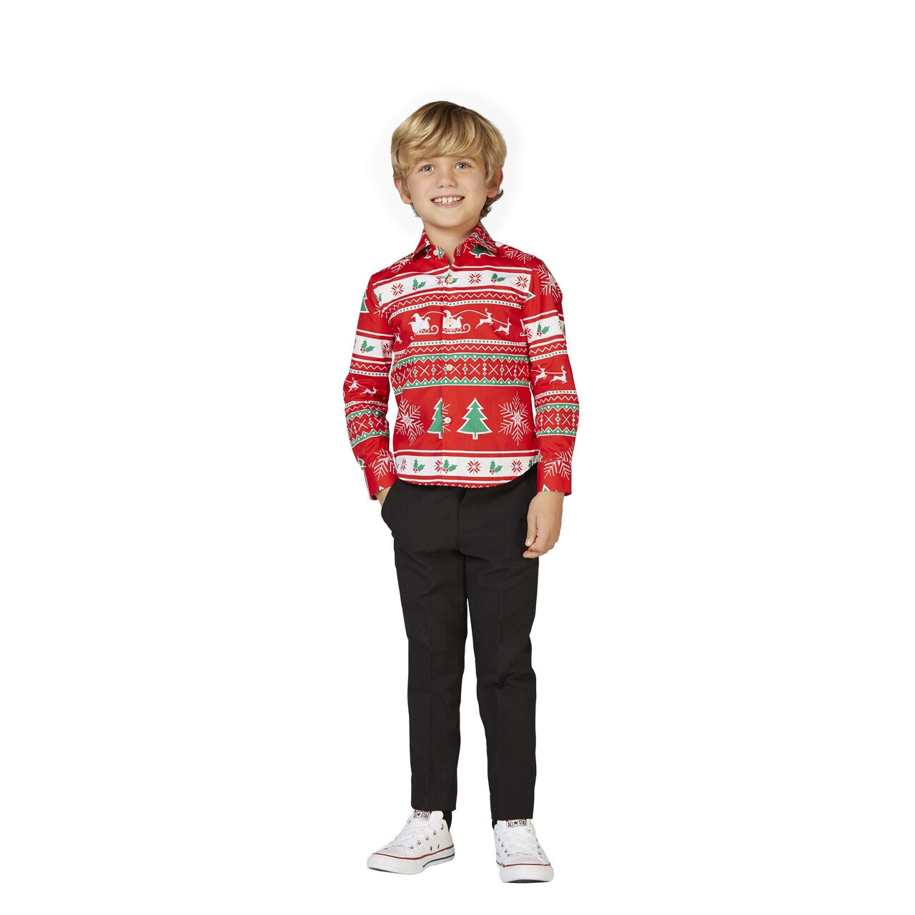 Op deze afbeelding zie je een Kostuums, van het merk Opposuits. Rode Winter Wonderland Blouse Jongen