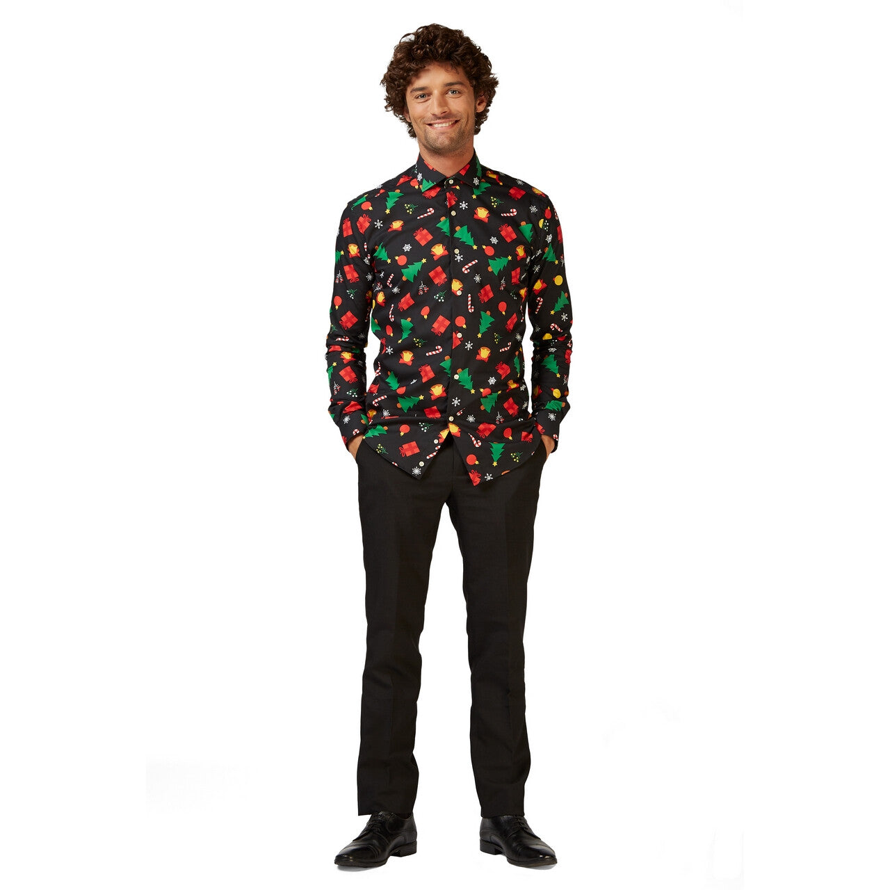 Op deze afbeelding zie je een Kostuums, van het merk Opposuits. Zwarte Christmas Icons Tree Gifts Blouse Man