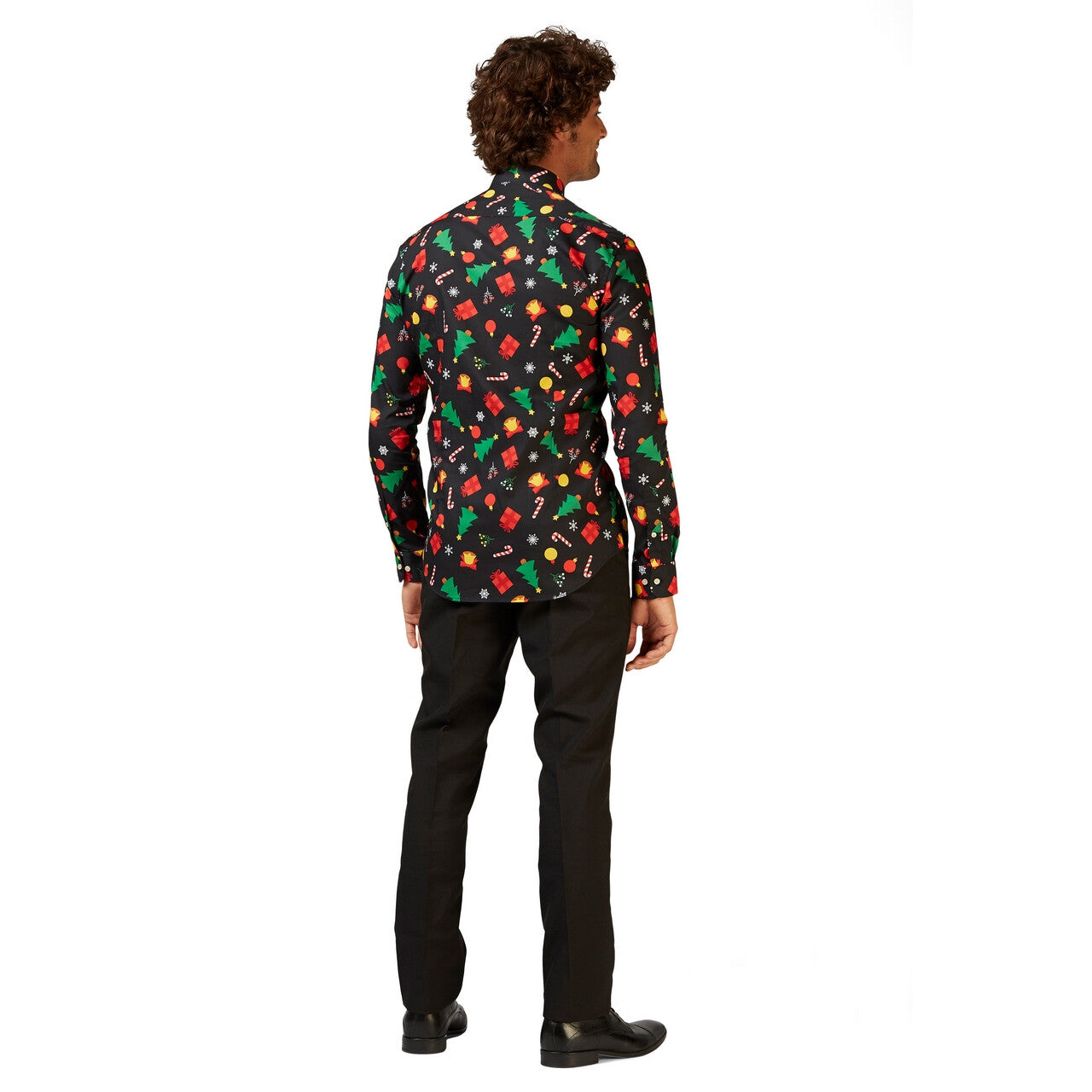 Op deze afbeelding zie je een Kostuums, van het merk Opposuits. Zwarte Christmas Icons Tree Gifts Blouse Man