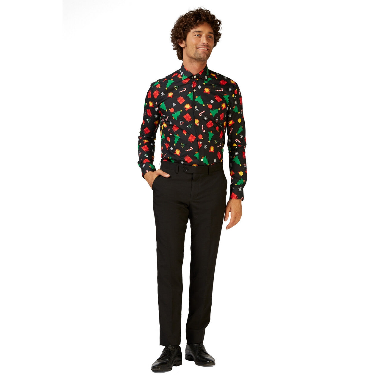 Op deze afbeelding zie je een Kostuums, van het merk Opposuits. Zwarte Christmas Icons Tree Gifts Blouse Man
