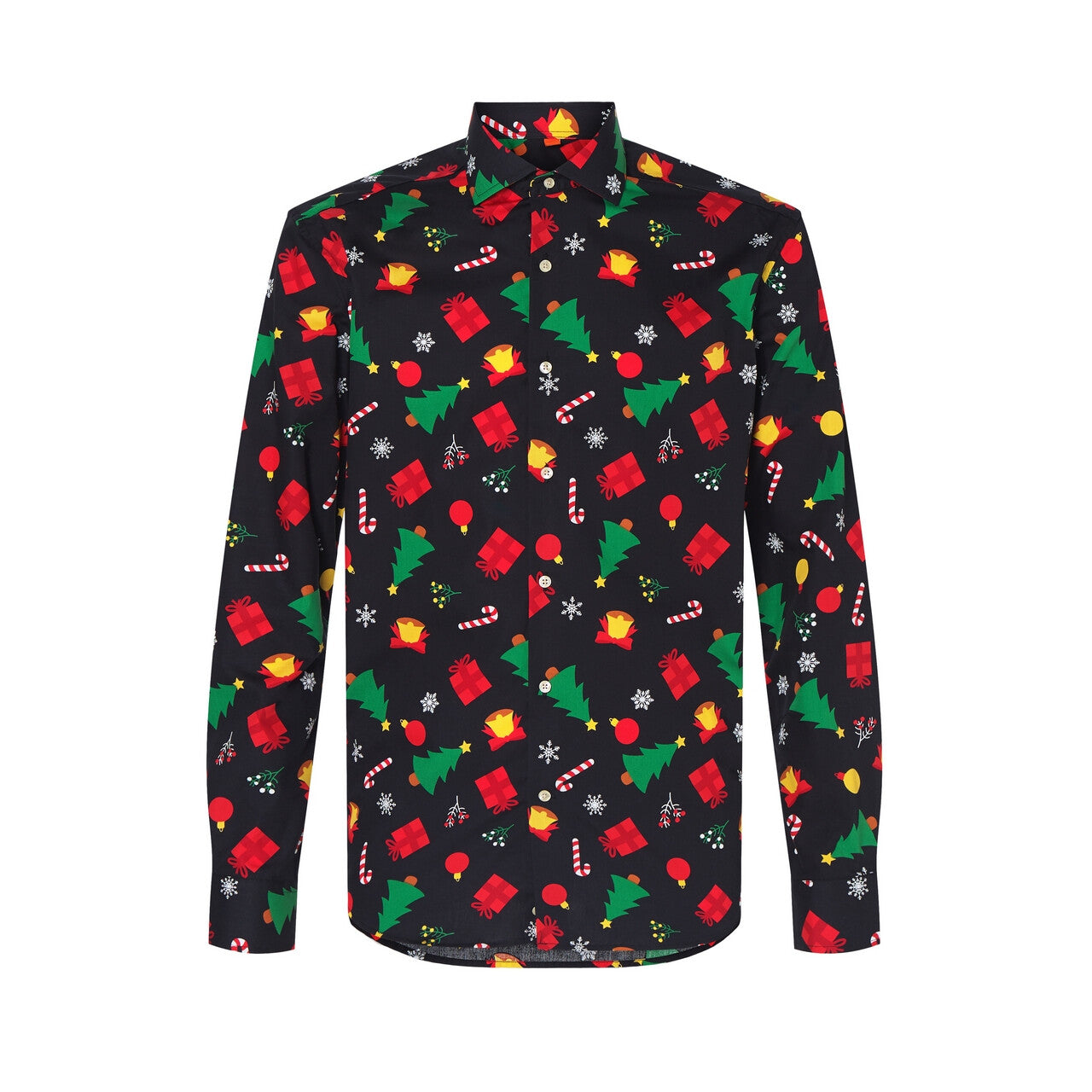 Op deze afbeelding zie je een Kostuums, van het merk Opposuits. Zwarte Christmas Icons Tree Gifts Blouse Man