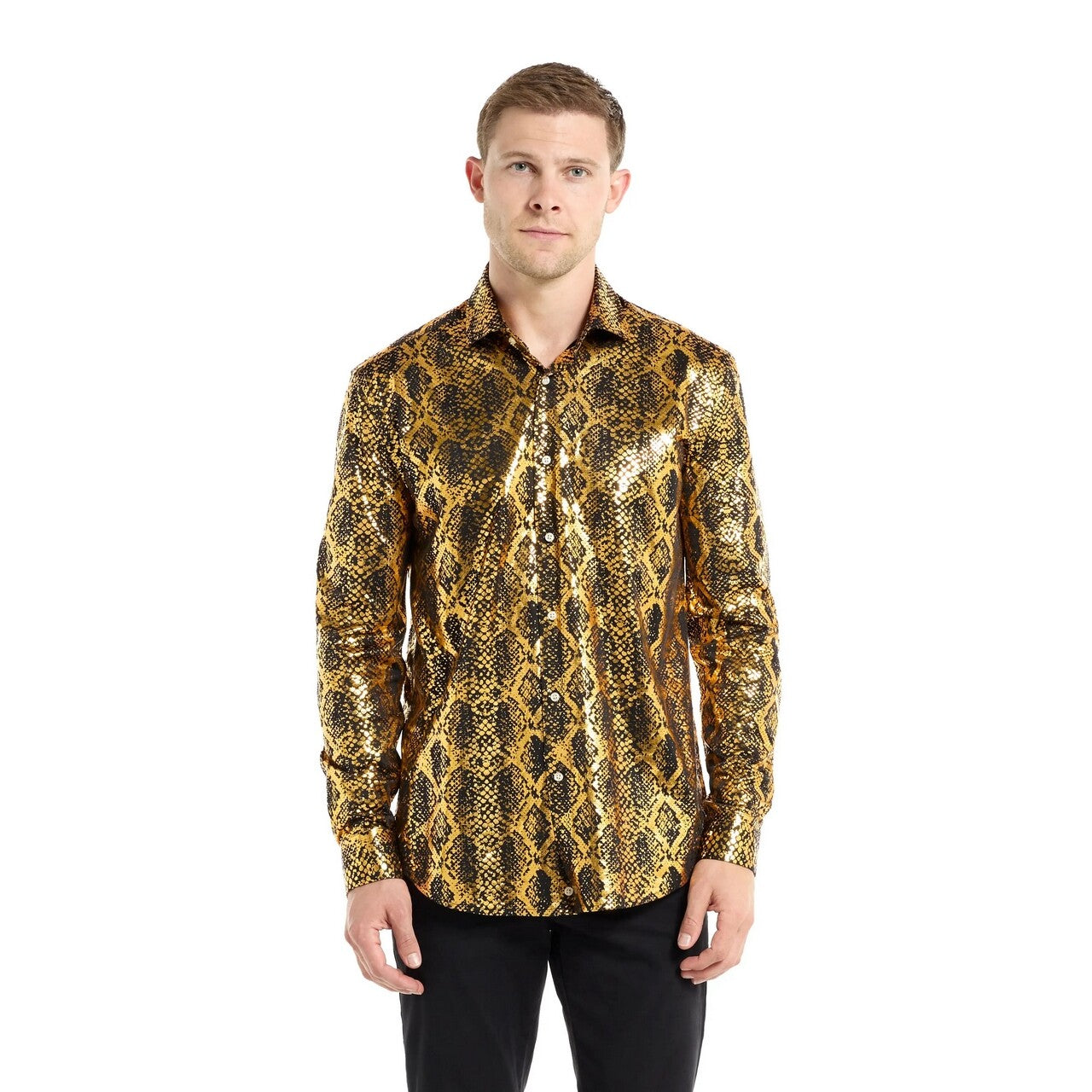 Op deze afbeelding zie je een Kostuums, van het merk Opposuits. Shiny Golden Snake Overhemd Man