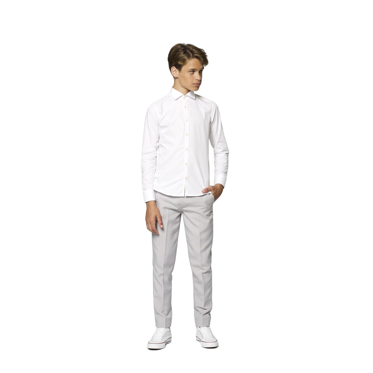 Op deze afbeelding zie je een Kostuums, van het merk Opposuits. Universeel Wit Overhemd Voor Onder Een Pak Tiener Jongen