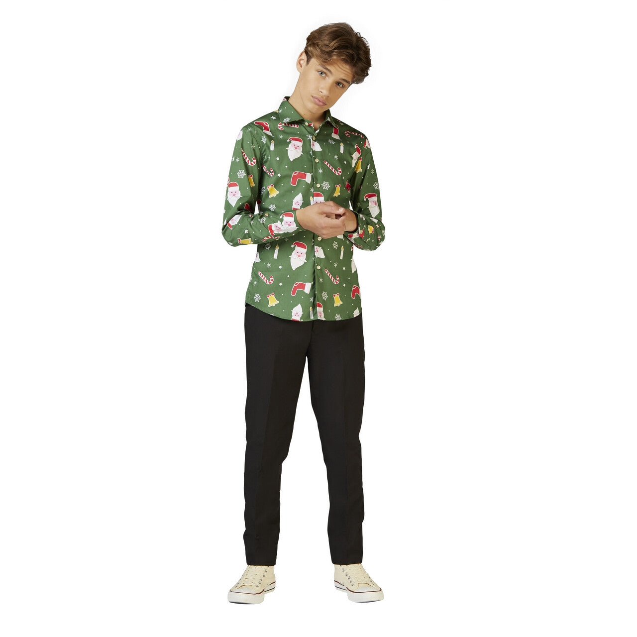 Op deze afbeelding zie je een Kostuums, van het merk Opposuits. Groene Coole Santaboss Blouse Jongen
