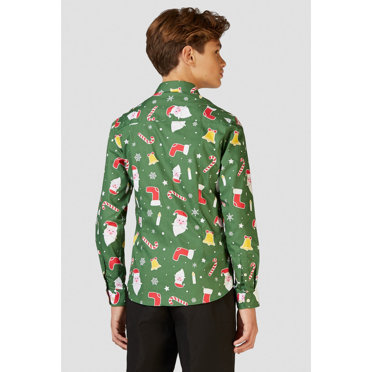Op deze afbeelding zie je een Kostuums, van het merk Opposuits. Groene Coole Santaboss Blouse Jongen