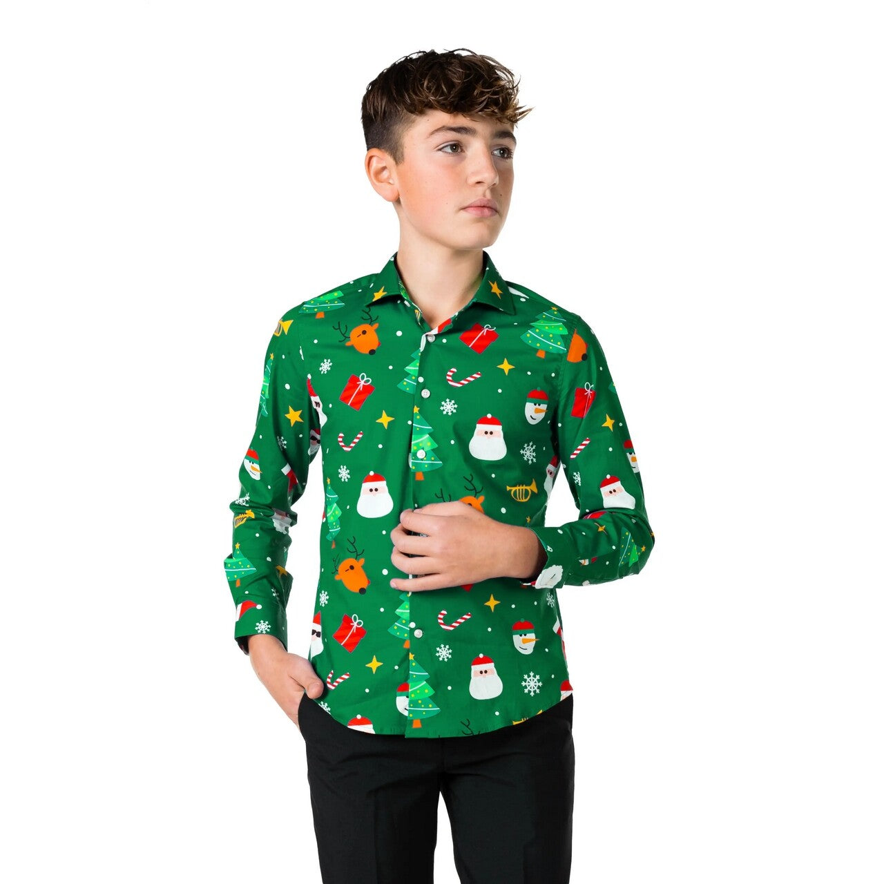 Op deze afbeelding zie je een Kostuums, van het merk Opposuits. Xtime Time Festivity Green Overhemd Jongen Kostuum