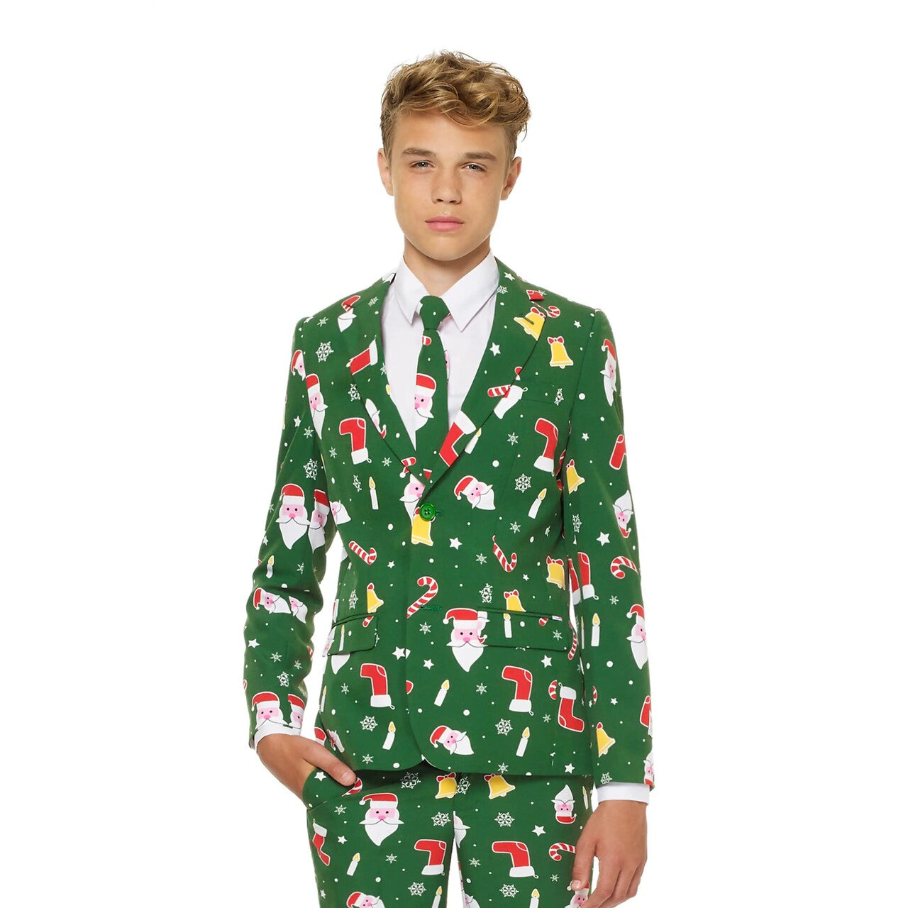 Op deze afbeelding zie je een Kostuums, van het merk Opposuits. Green Santaboss Jongen Kostuum
