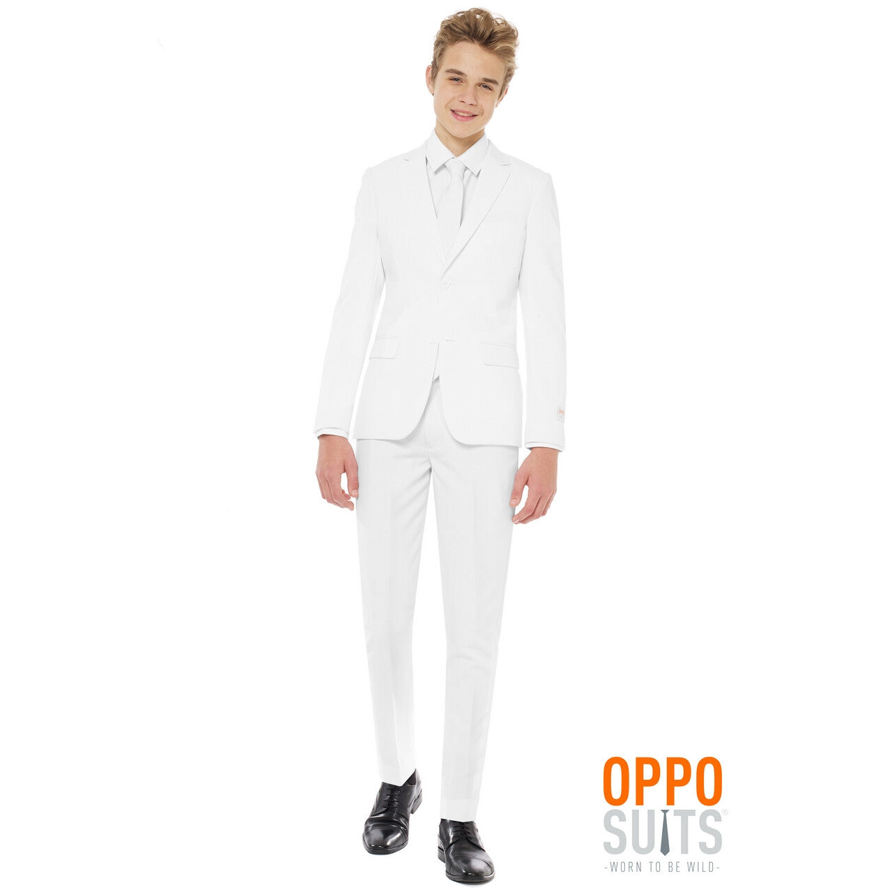 Op deze afbeelding zie je een Kostuums, van het merk Opposuits. Helemaal Wit Solid White Tiener Jongen Kostuum