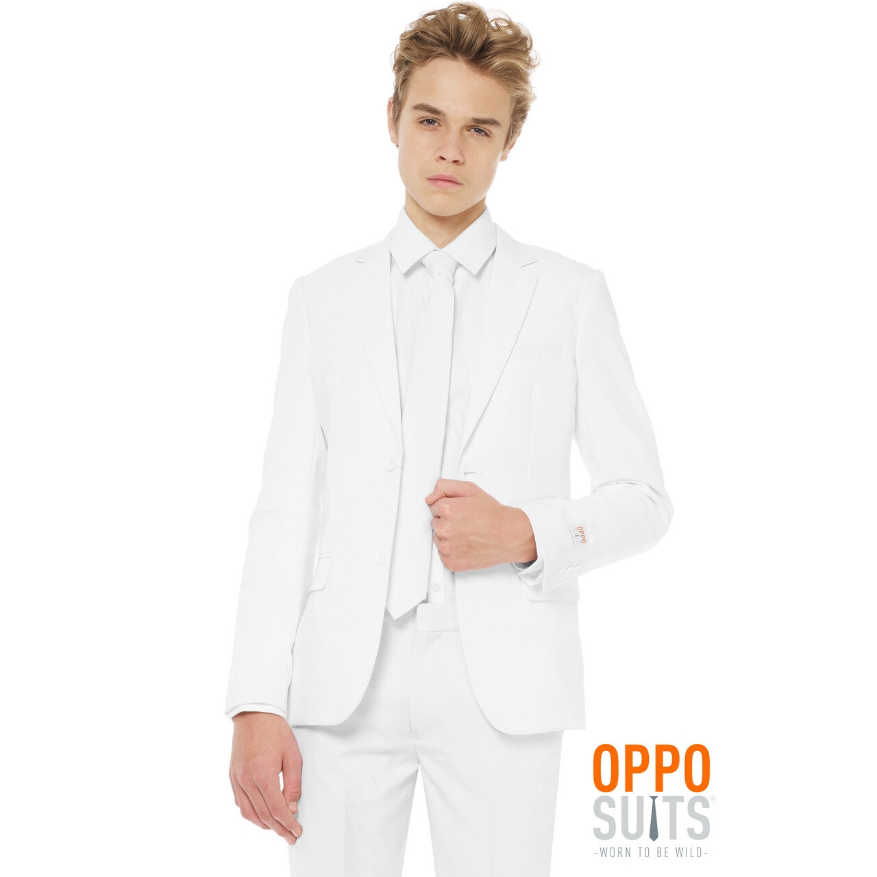 Op deze afbeelding zie je een Kostuums, van het merk Opposuits. Helemaal Wit Solid White Tiener Jongen Kostuum