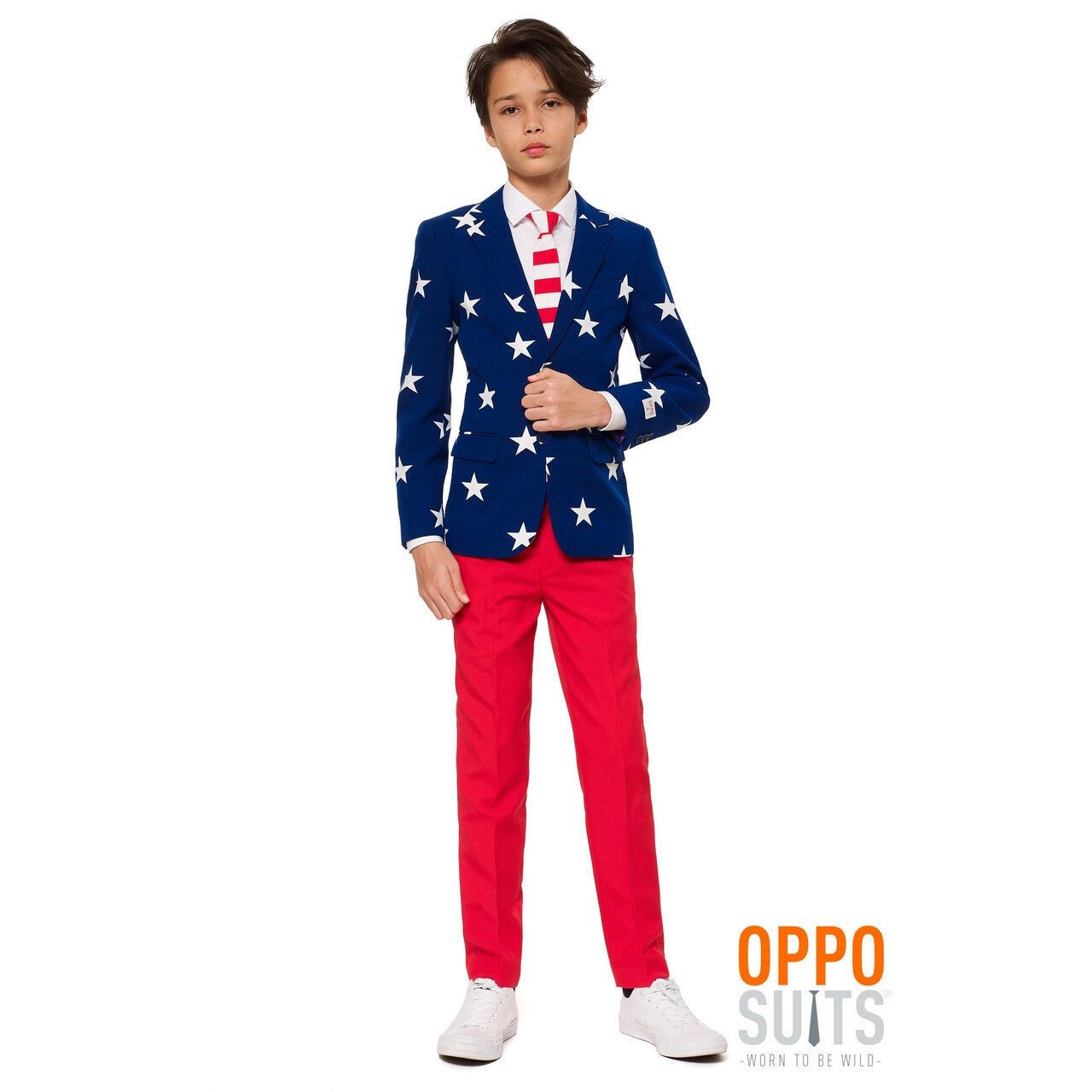 Op deze afbeelding zie je een Kostuums, van het merk Opposuits. Stars & Stripes USA Tiener Jongen Kostuum