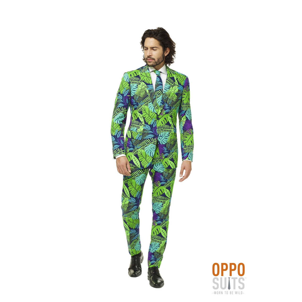 Op deze afbeelding zie je een Kostuums, van het merk Opposuits. Juicy Jungle Tropische Varens Man Kostuum