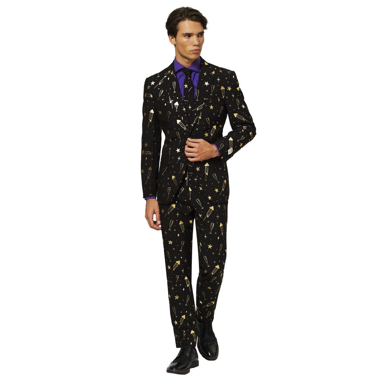 Op deze afbeelding zie je een Kostuums, van het merk Opposuits. Zwart Fancy Fireworks Oud En Nieuw Vuurwerk Kostuum Man