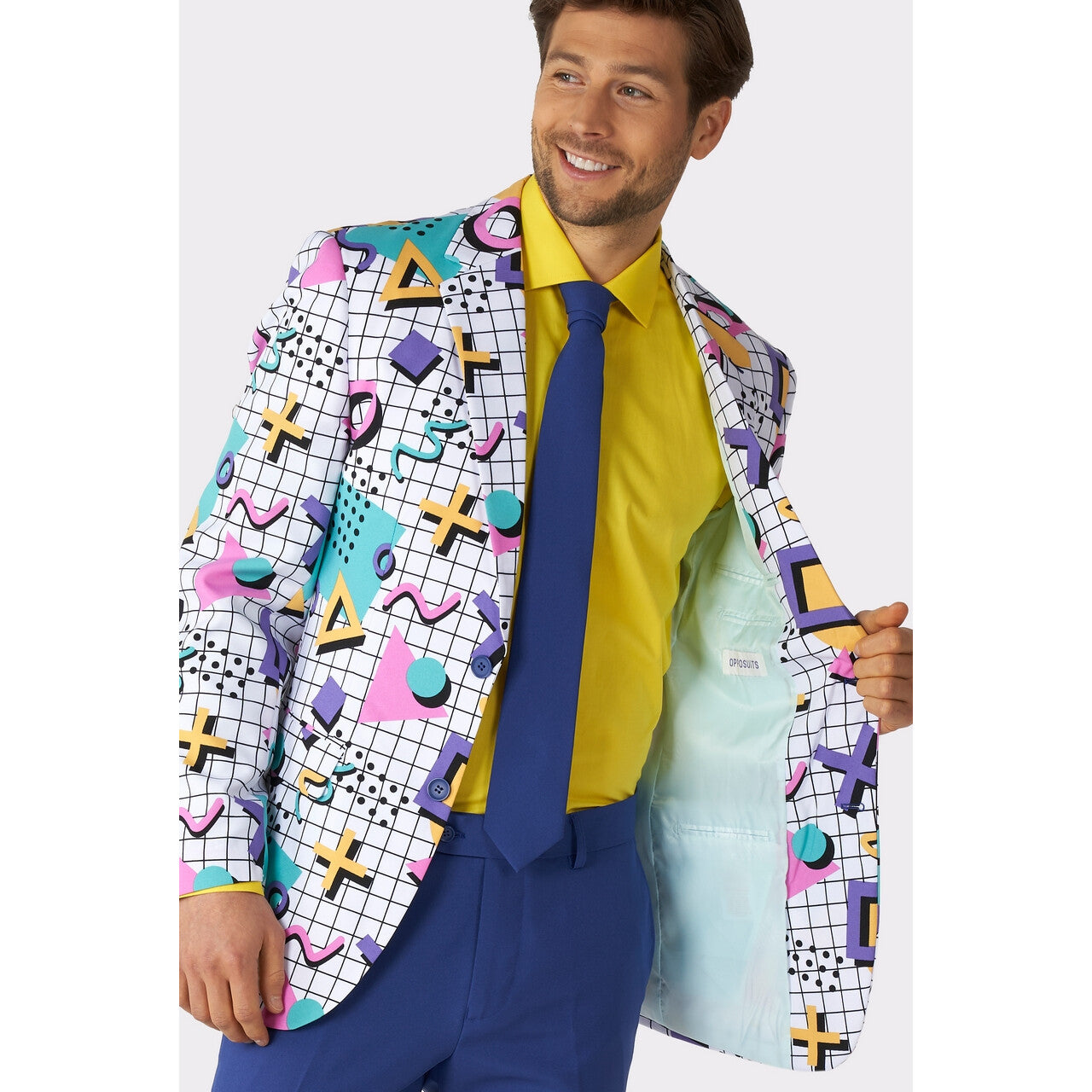 Op deze afbeelding zie je een Kostuums, van het merk Opposuits. 90s Memphis Master Saved By The Bell Opposuit Man Kostuum