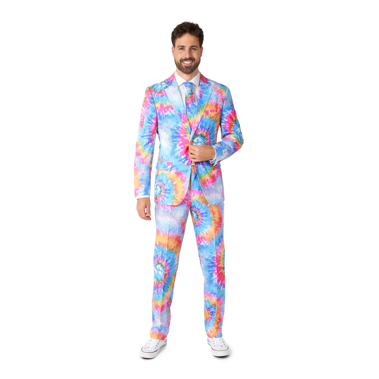 Op deze afbeelding zie je een Kostuums, van het merk Opposuits. Mr. Die Hard Tie Dye Man Kostuum