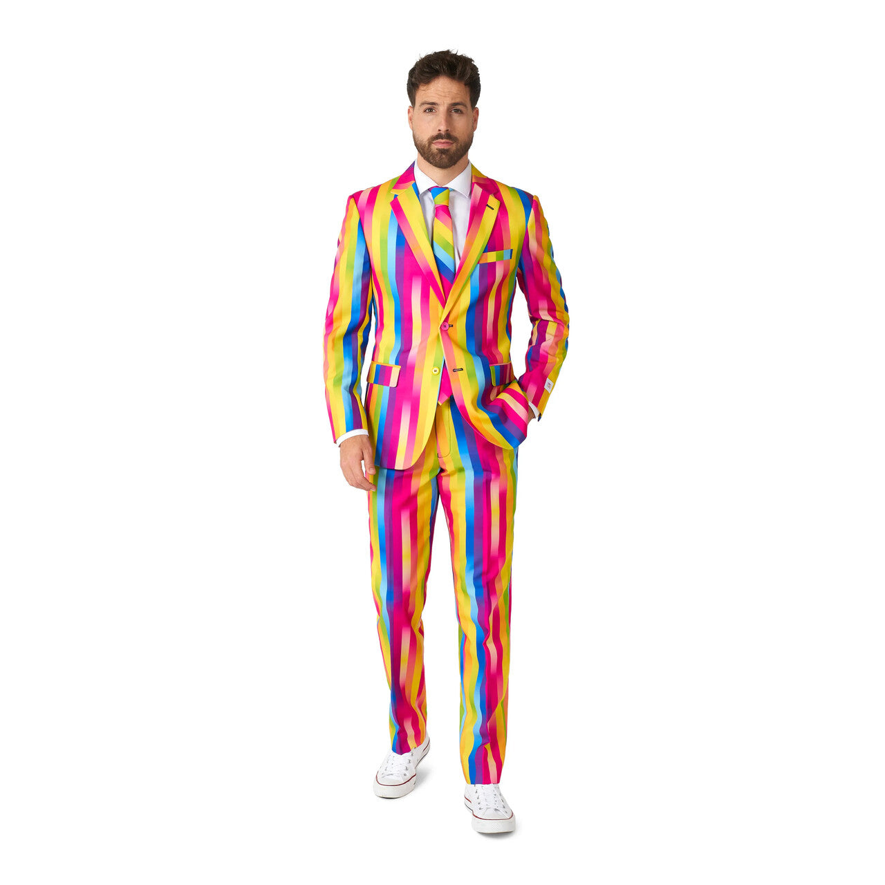 Op deze afbeelding zie je een Kostuums, van het merk Opposuits. Rainbow Candy Cane Man Kostuum