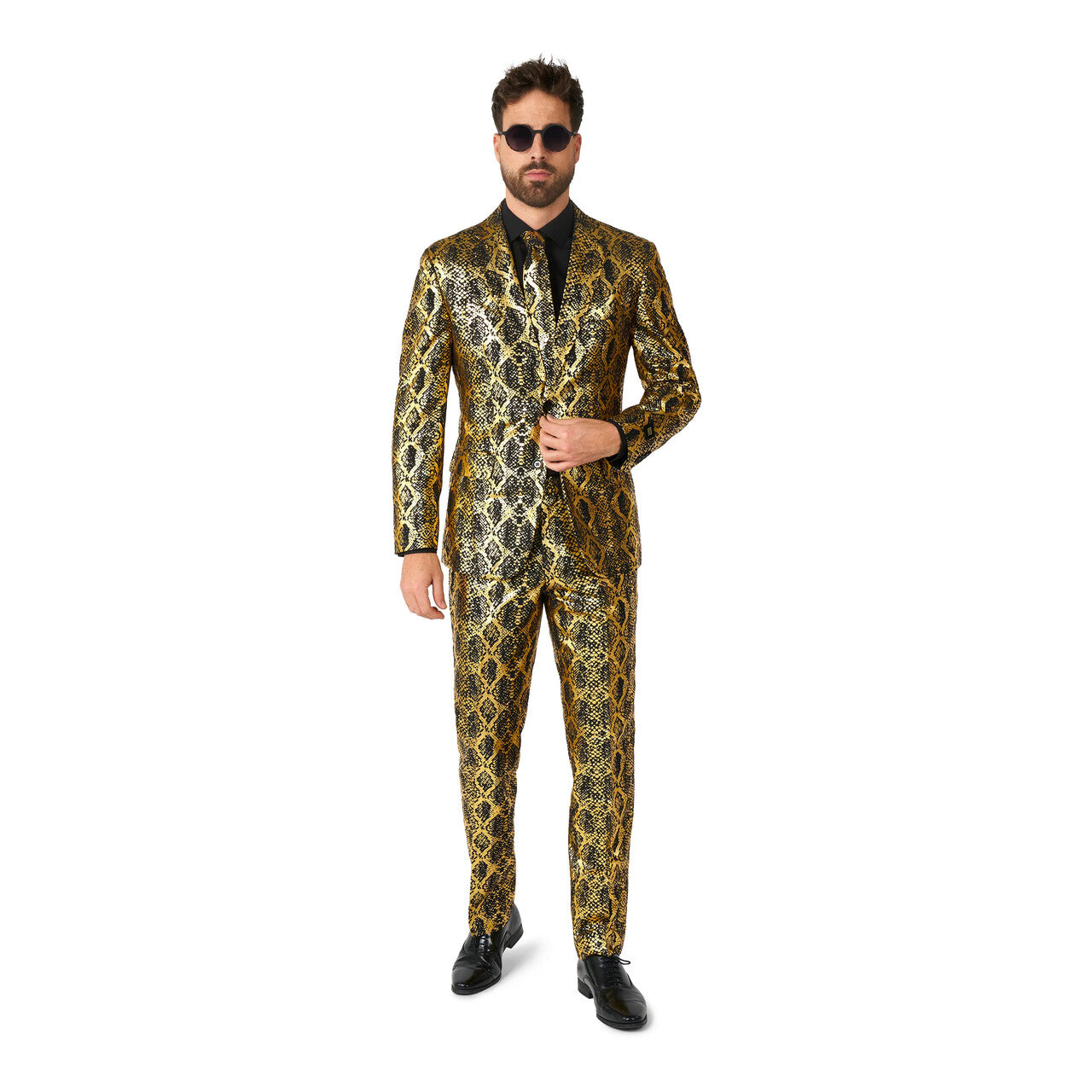 Op deze afbeelding zie je een Kostuums, van het merk Opposuits. Shiny Duke Goud Man Kostuum