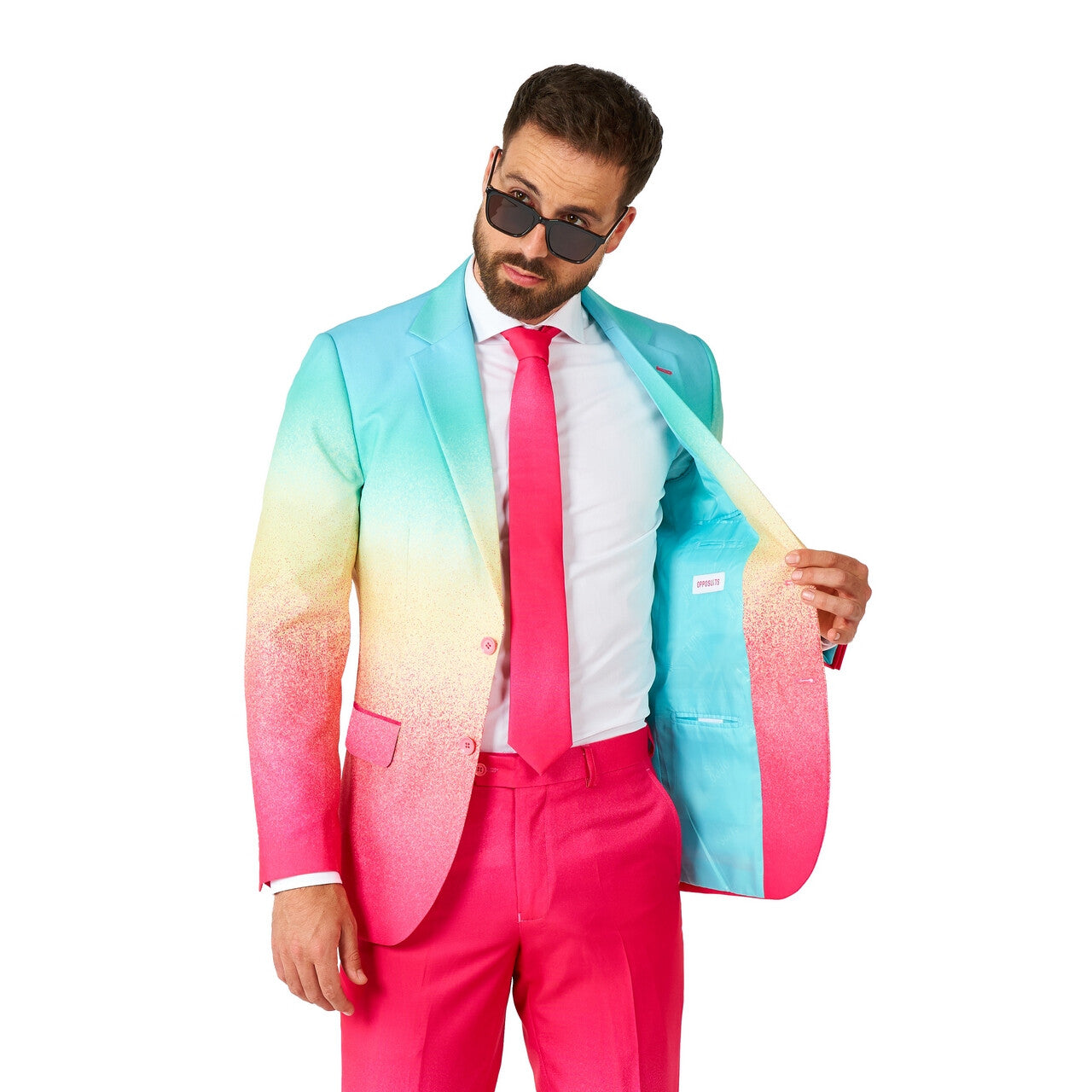 Op deze afbeelding zie je een Kostuums, van het merk Opposuits. Funky Pink Fade Man Kostuum