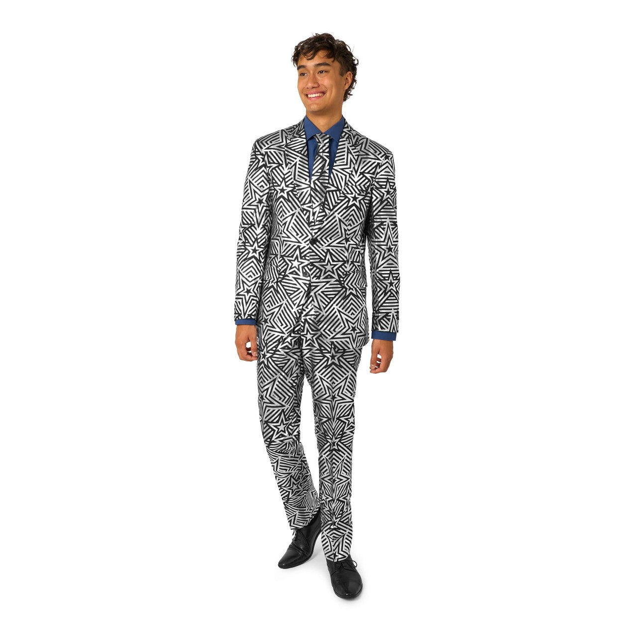 Op deze afbeelding zie je een Kostuums, van het merk Opposuits. Silver Geo Star Man Kostuum