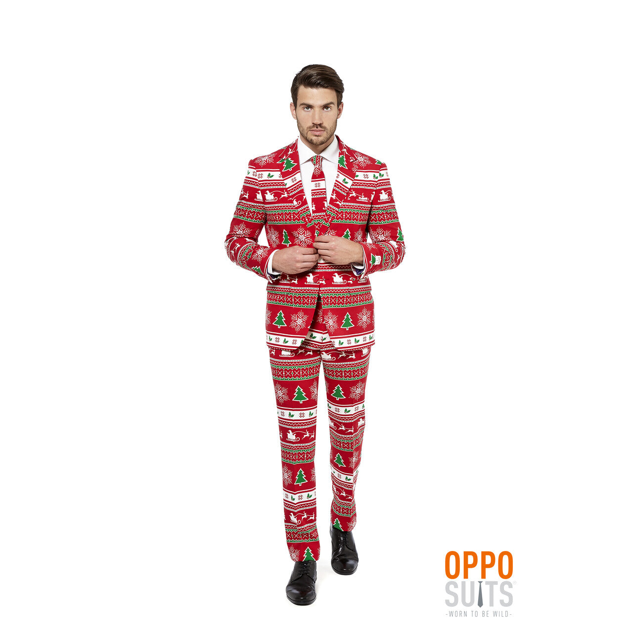 Op deze afbeelding zie je een Kostuums, van het merk Opposuits. Lekker Foute Rood Winter Wonderland Kerst Opposuit Man Kostuum