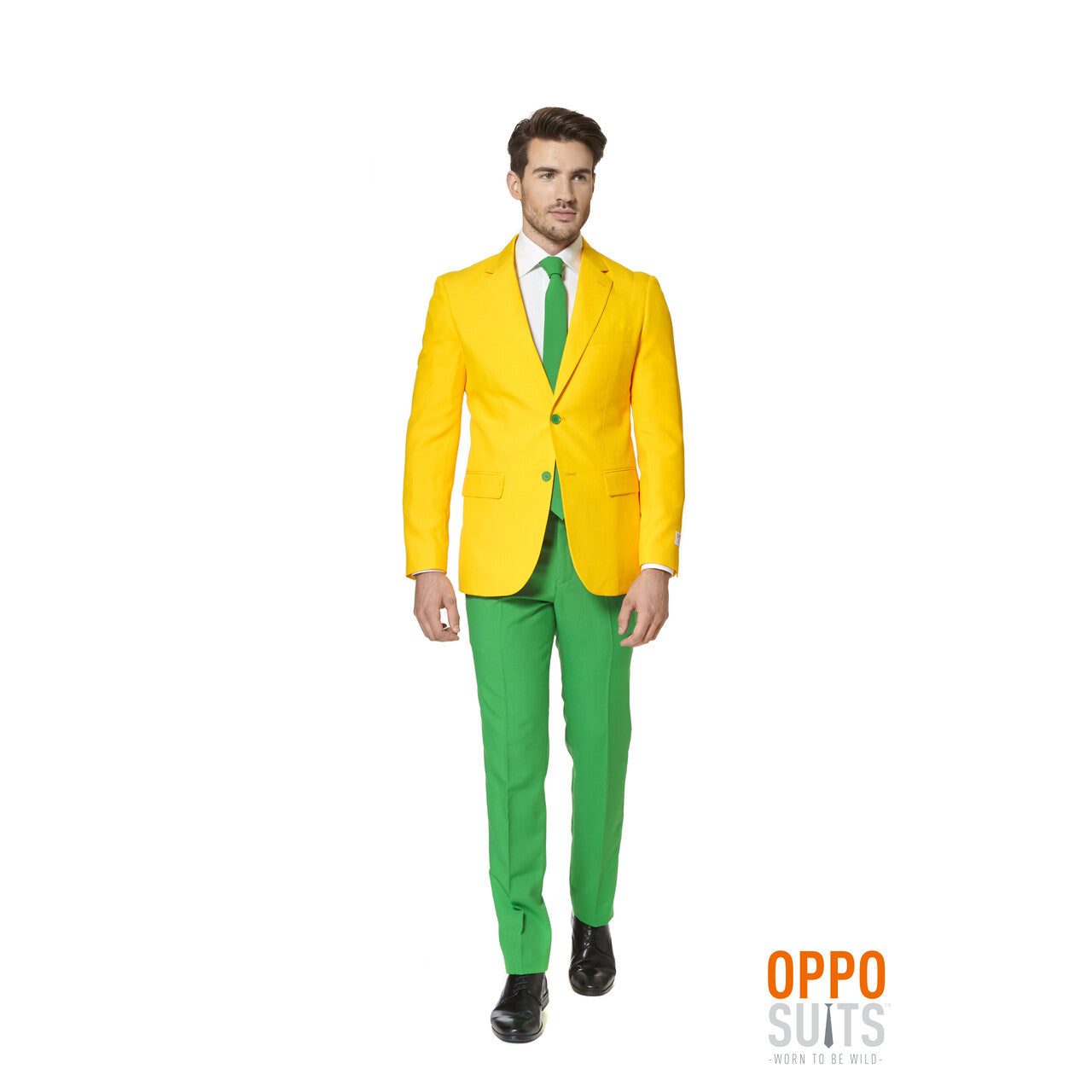 Op deze afbeelding zie je een Kostuums, van het merk Opposuits. Flashy Green And Gold Opposuit Man Kostuum