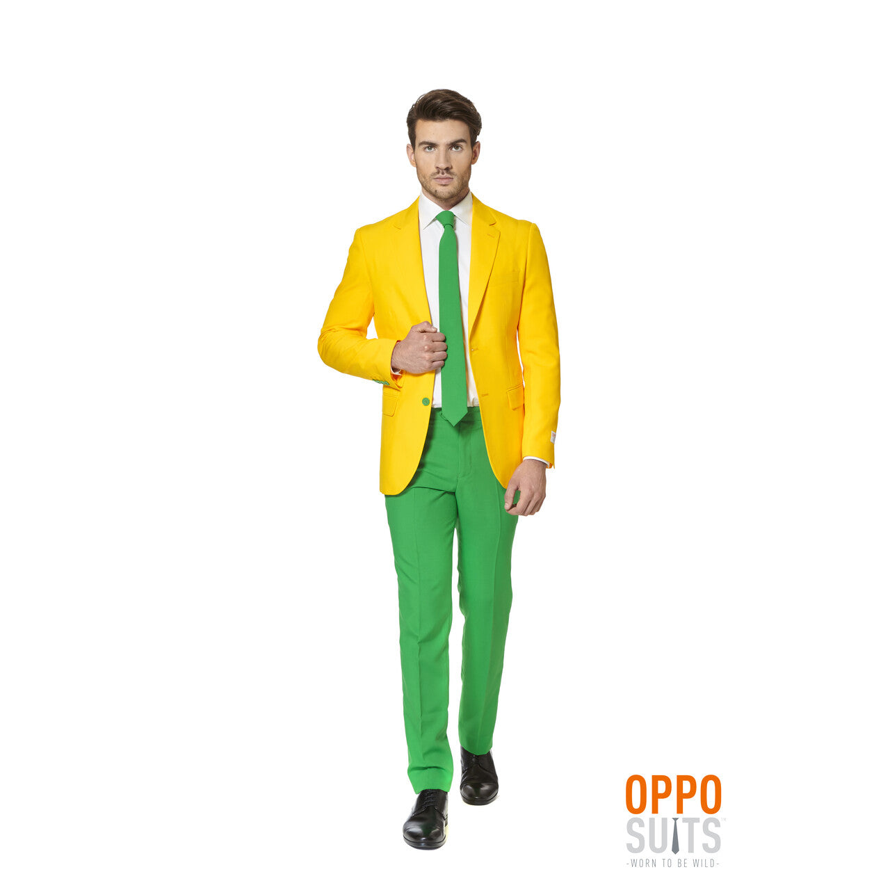 Op deze afbeelding zie je een Kostuums, van het merk Opposuits. Flashy Green And Gold Opposuit Man Kostuum