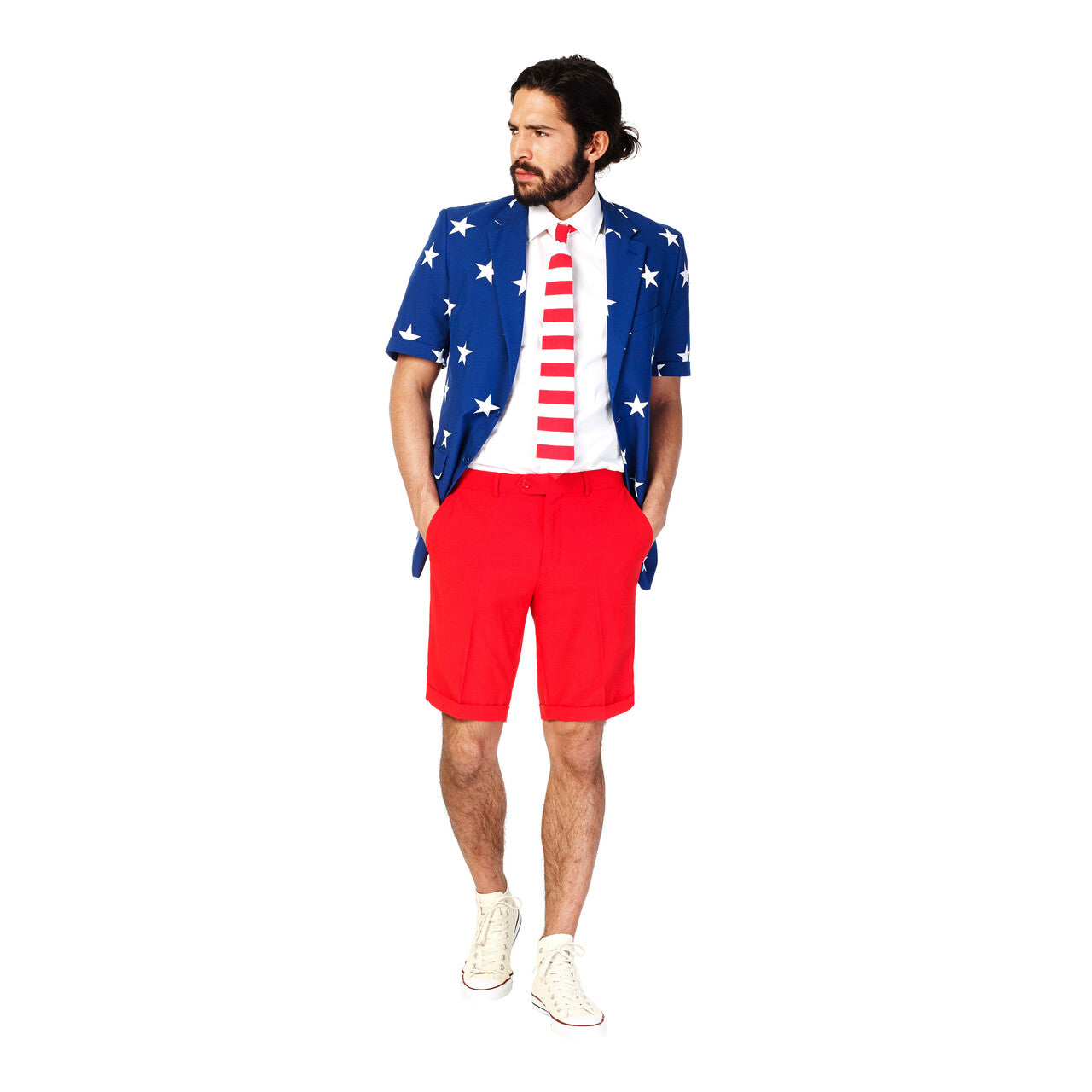 Op deze afbeelding zie je een Kostuums, van het merk Opposuits. Summer Festival Extravagant Stars And Stripes Opposuit Kostuum Man