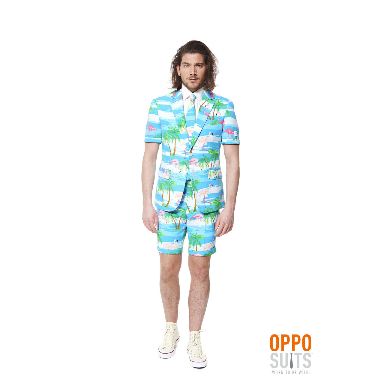 Op deze afbeelding zie je een Kostuums, van het merk Opposuits. Summer Festival Miami Flaminguy Opposuits Man Kostuum