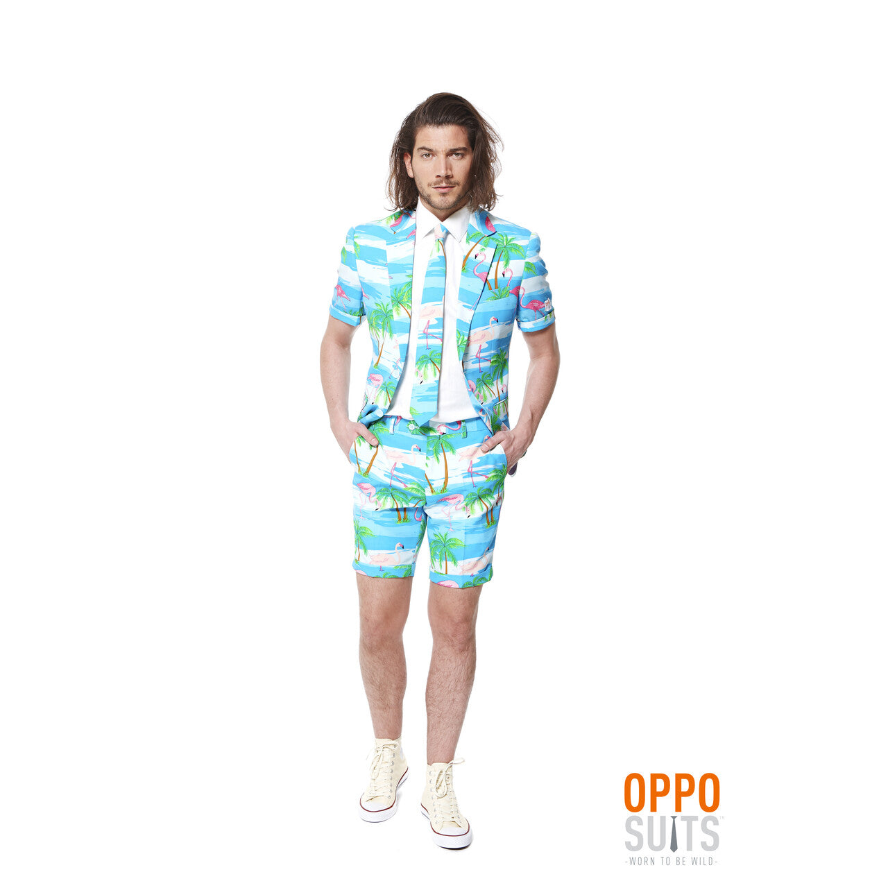 Op deze afbeelding zie je een Kostuums, van het merk Opposuits. Summer Festival Miami Flaminguy Opposuits Man Kostuum