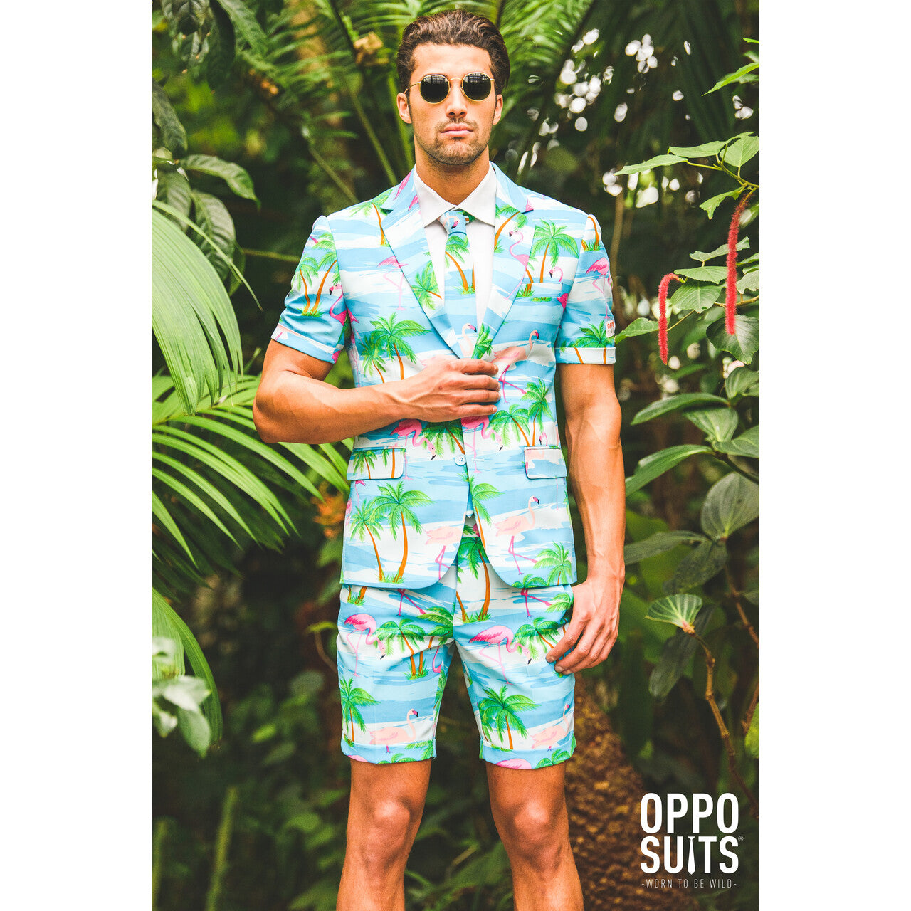 Op deze afbeelding zie je een Kostuums, van het merk Opposuits. Summer Festival Miami Flaminguy Opposuits Man Kostuum
