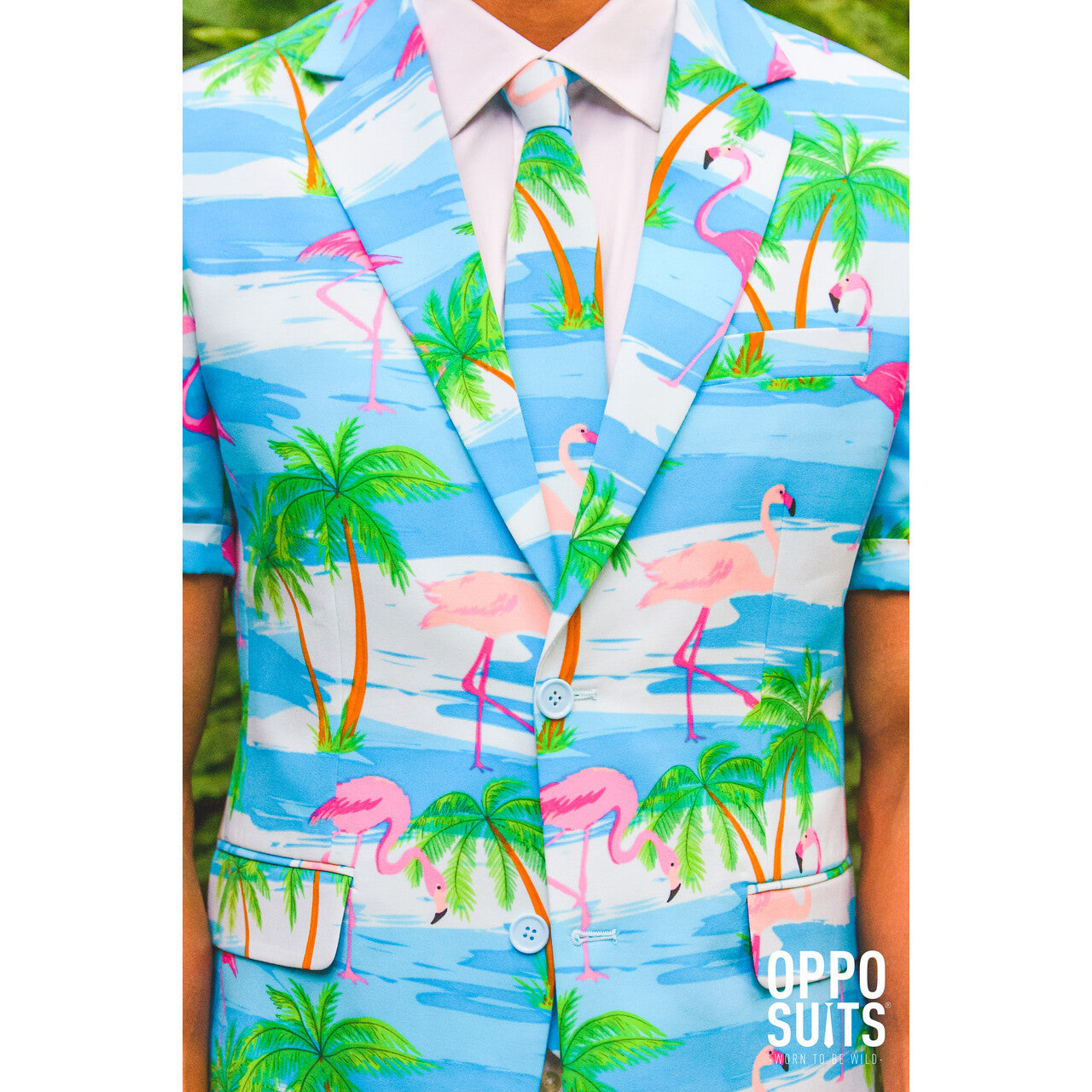 Op deze afbeelding zie je een Kostuums, van het merk Opposuits. Summer Festival Miami Flaminguy Opposuits Man Kostuum