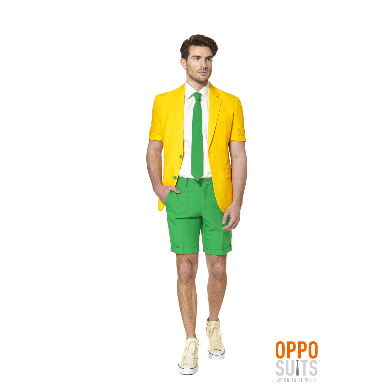 Op deze afbeelding zie je een Kostuums, van het merk Opposuits. Summer Festival Flashy Green And Gold Opposuit Man Kostuum