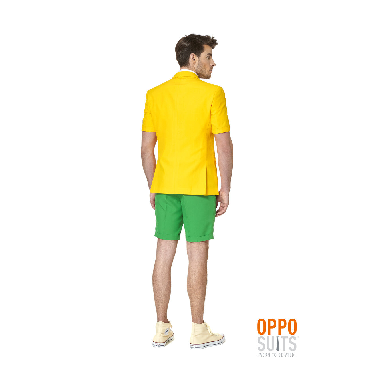 Op deze afbeelding zie je een Kostuums, van het merk Opposuits. Summer Festival Flashy Green And Gold Opposuit Man Kostuum