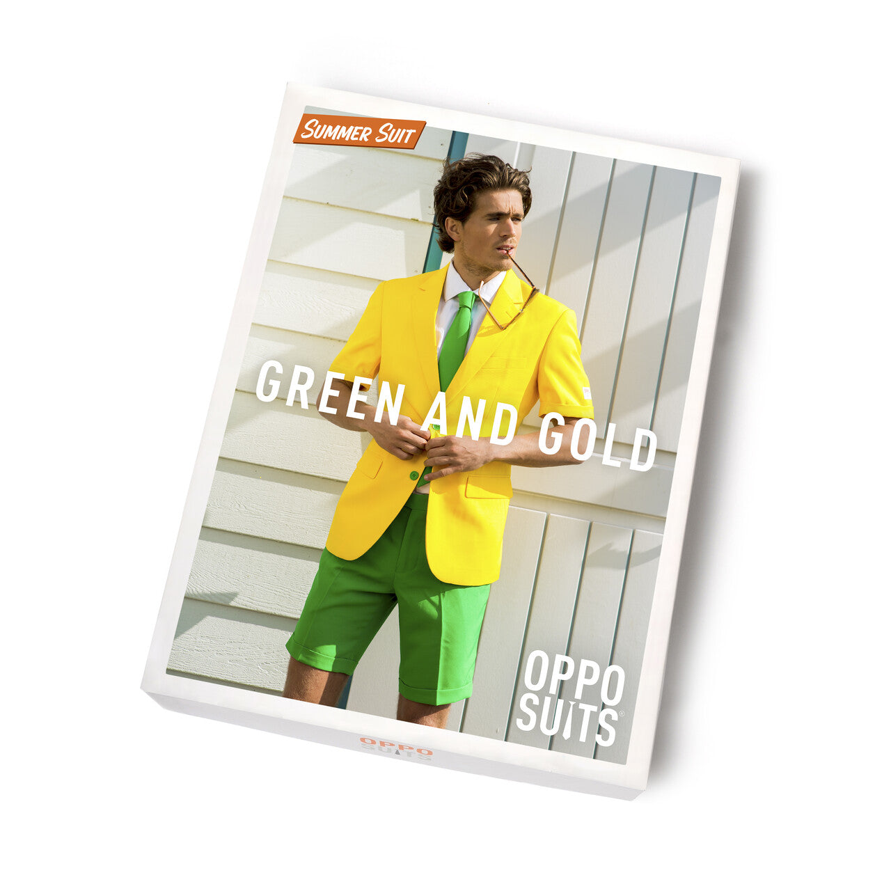 Op deze afbeelding zie je een Kostuums, van het merk Opposuits. Summer Festival Flashy Green And Gold Opposuit Man Kostuum
