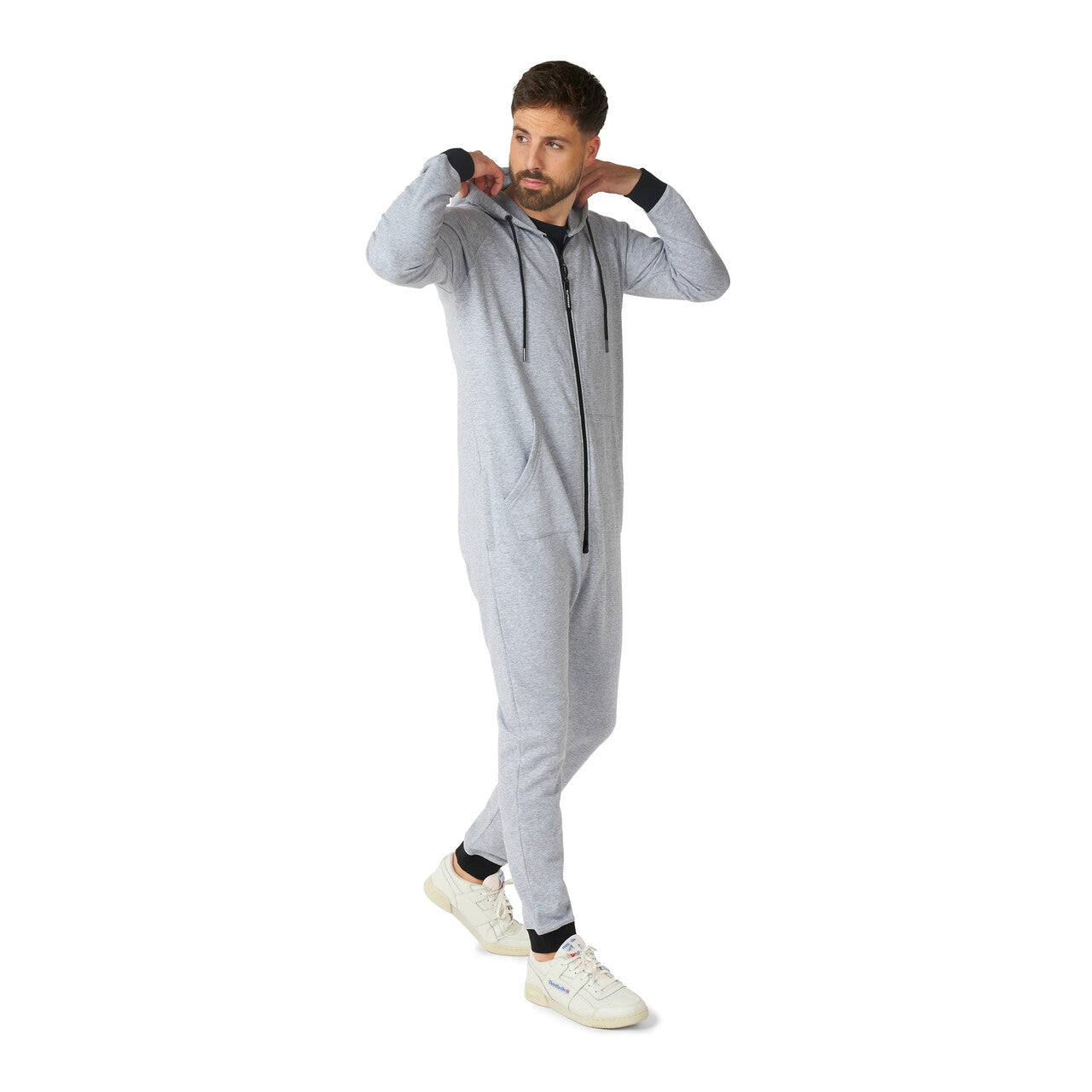 Op deze afbeelding zie je een Kostuums, van het merk Opposuits. Unisex Onesie Bankhanger Grijs Kostuum