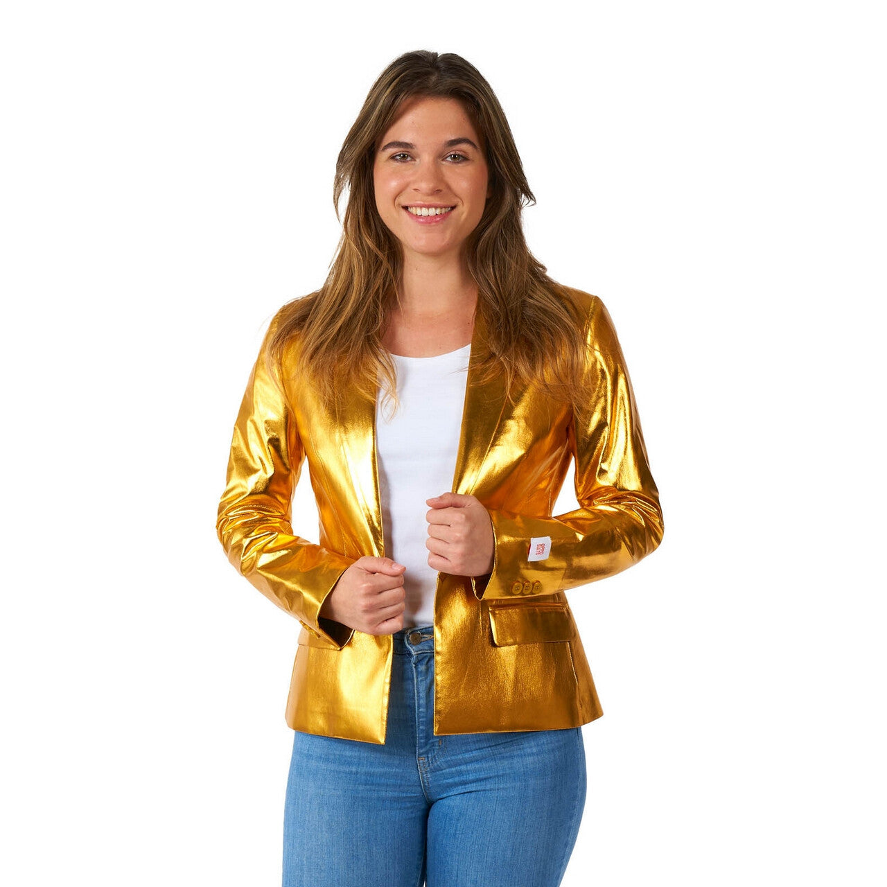 Op deze afbeelding zie je een Kostuums, van het merk Opposuits. Shiny Groovy Gold Jas Vrouw