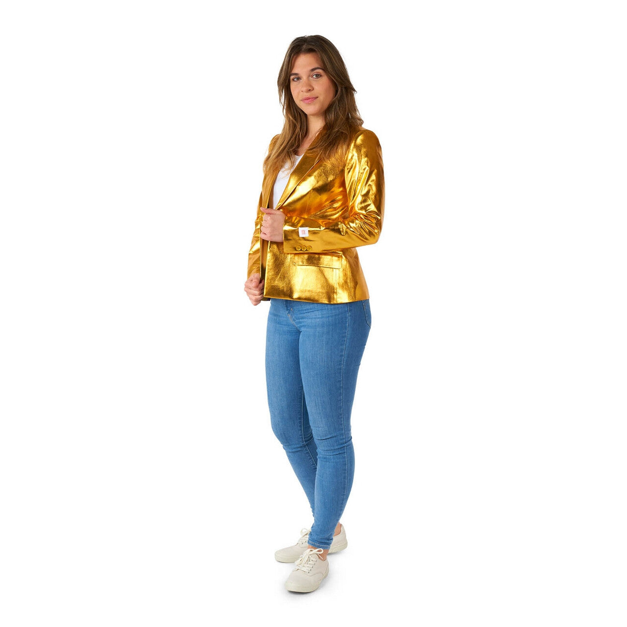 Op deze afbeelding zie je een Kostuums, van het merk Opposuits. Shiny Groovy Gold Jas Vrouw