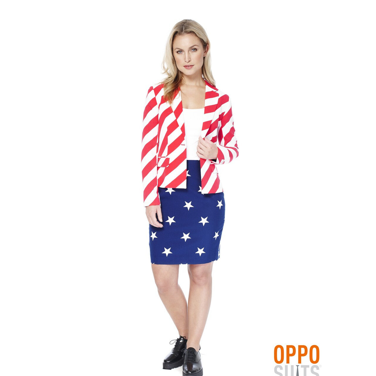 Op deze afbeelding zie je een Kostuums, van het merk Opposuits. USA American Woman Opposuit Vrouw Kostuum