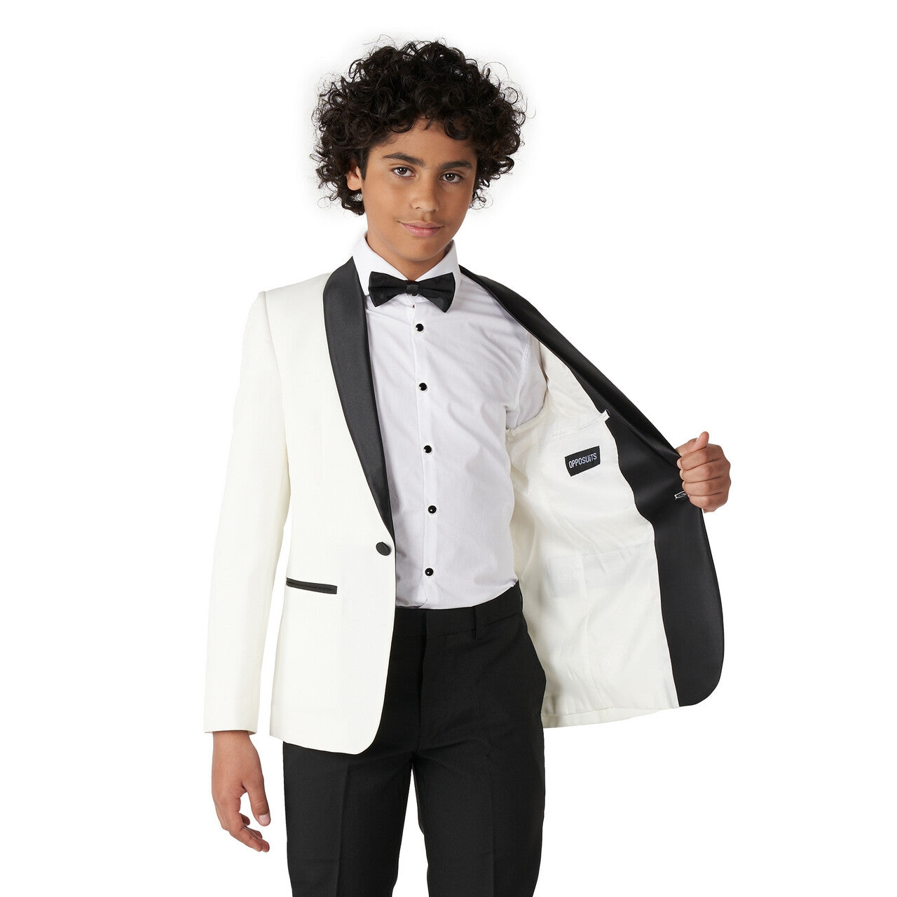 Op deze afbeelding zie je een Kostuums, van het merk Opposuits. Classy Pearly White Opposuit Jongen Kostuum