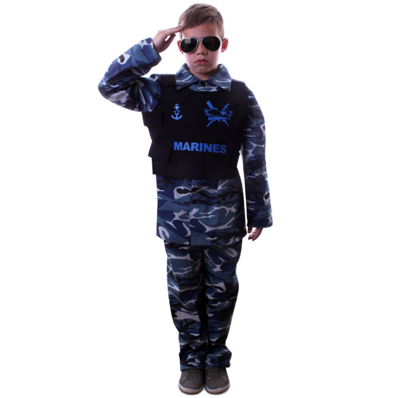 Op deze afbeelding zie je een Kostuums, van het merk PartyXplosion. Marinier Paratrooper Kinder Kostuum Blauw Camouflage Jongen