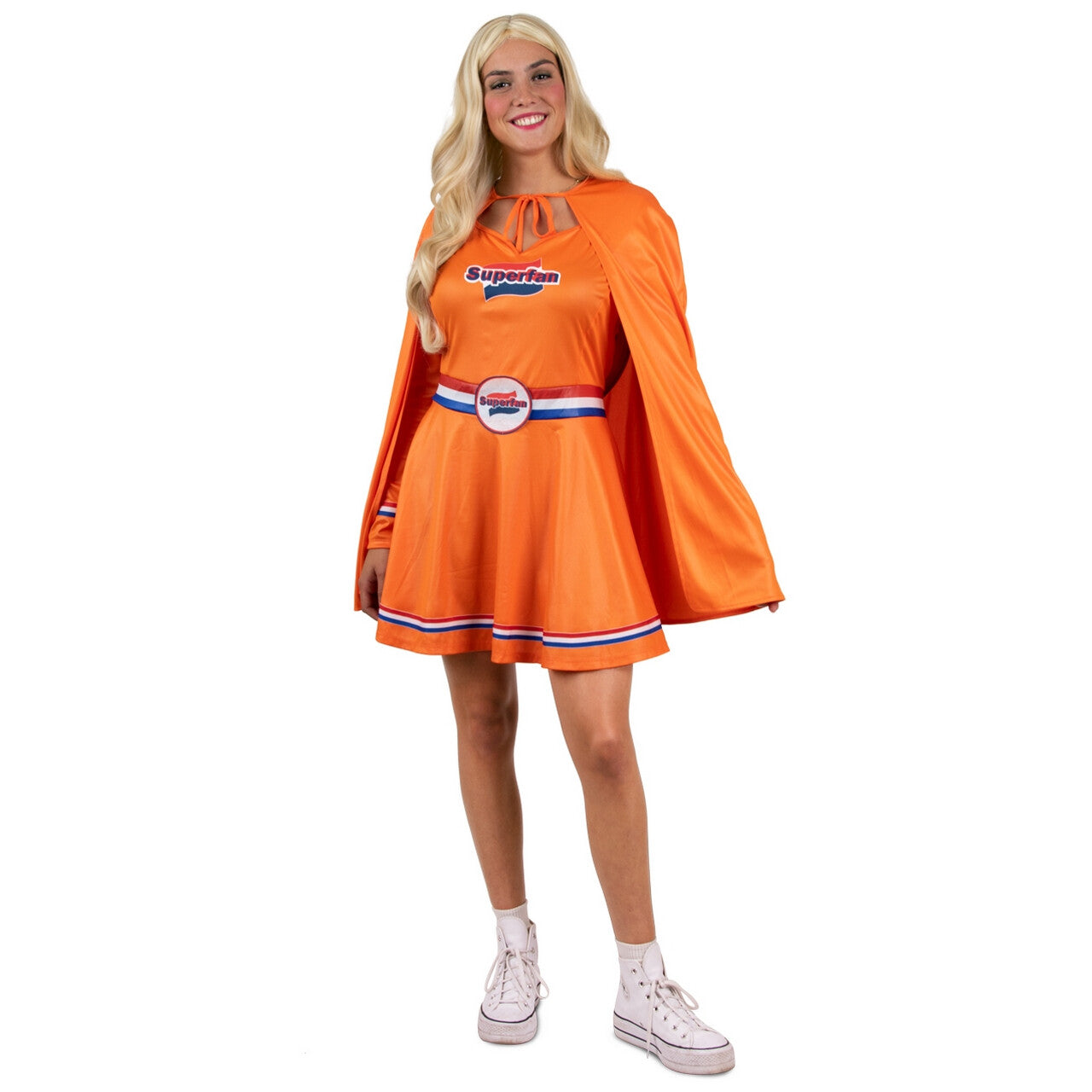 Op deze afbeelding zie je een Kostuums, van het merk PartyXplosion. Superheld Miss Oranje Fan Vrouw Kostuum