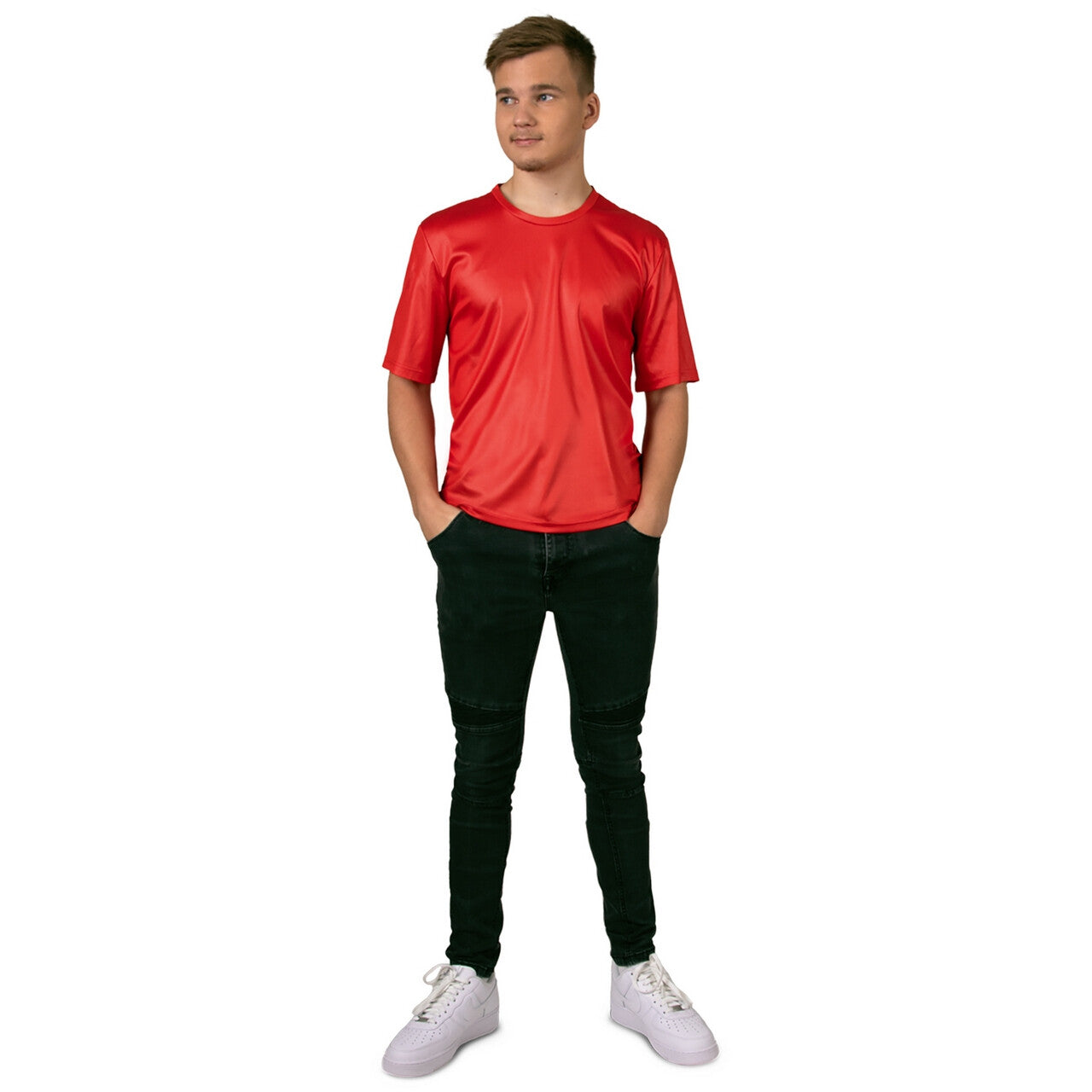 Op deze afbeelding zie je een Kostuums, van het merk PartyXplosion. Leon Disco Shirt Neon Rood Man