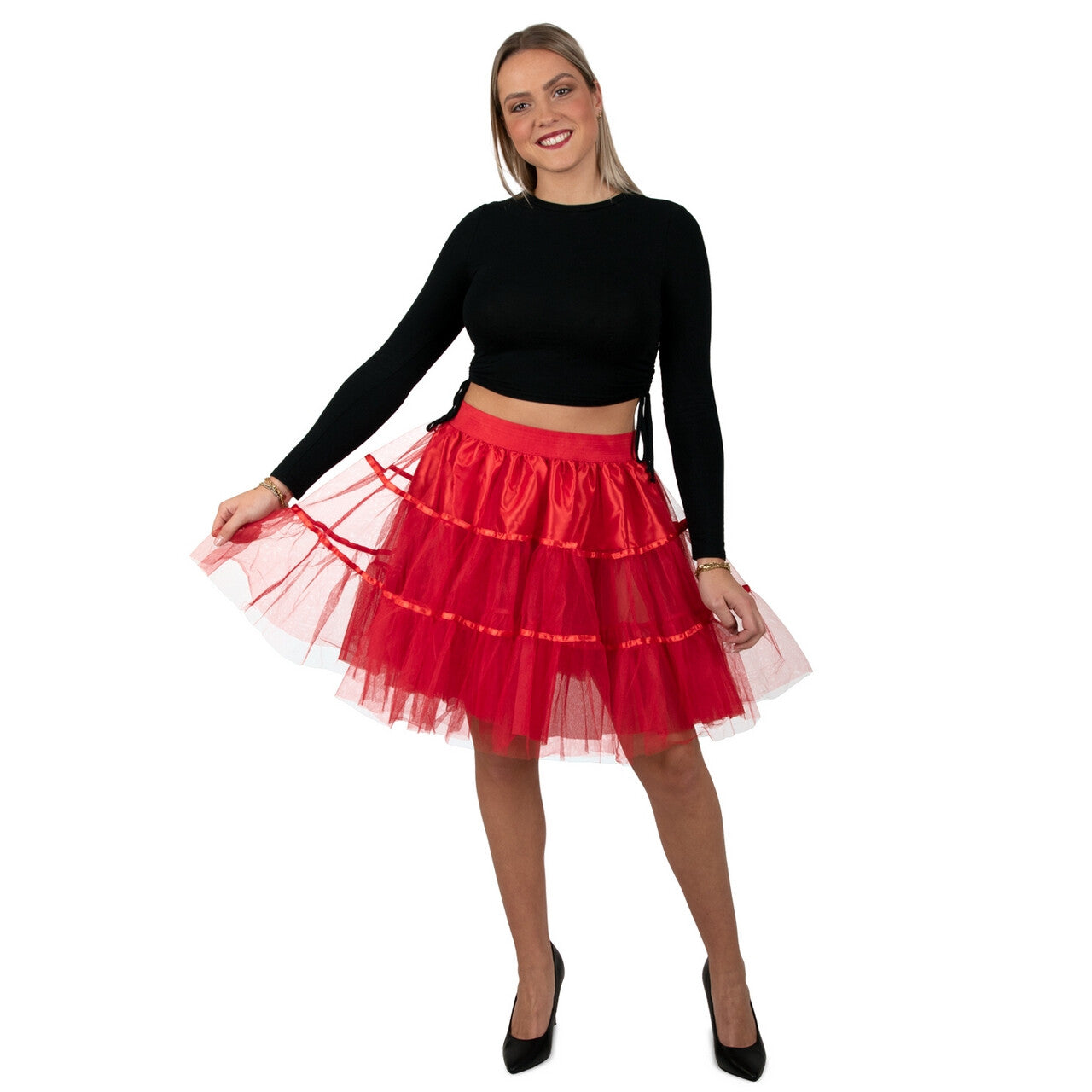 Op deze afbeelding zie je een Kostuums, van het merk PartyXplosion. Petticoat Duivels Rood 45 Centimeter Vrouw